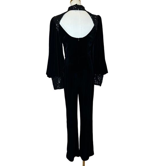 Badgley Mischka Black Velvet Jumpsuit SIZE 10 Cocktail Soft Sequin Designer $630 - Picture 9 of 11